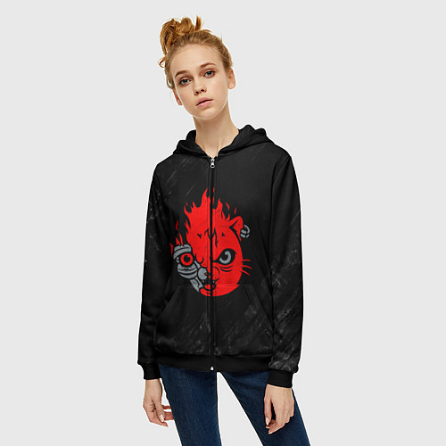 Женская толстовка на молнии CYBERPUNK 2077 КОТ КИАНУ РИВЗ / 3D-Черный – фото 3