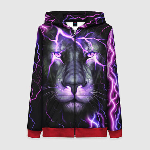 Женская толстовка на молнии НЕОНОВЫЙ ЛЕВ NEON LION / 3D-Красный – фото 1