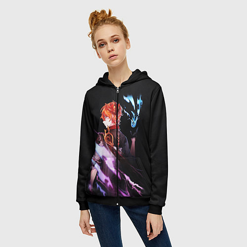 Женская толстовка на молнии ТАРТАЛЬЯ - GENSHIN IMPACT NEON / 3D-Черный – фото 3
