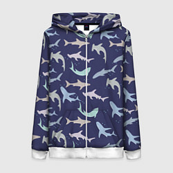 Толстовка на молнии женская Акулы разные, цвет: 3D-белый