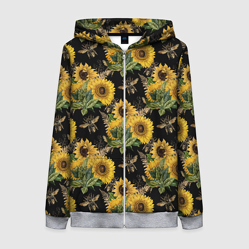 Женская толстовка на молнии Fashion Sunflowers and bees / 3D-Меланж – фото 1