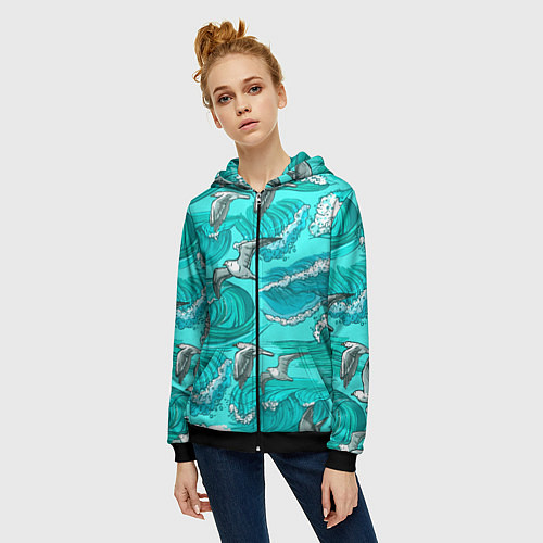 Женская толстовка на молнии Чайки в море / 3D-Черный – фото 3