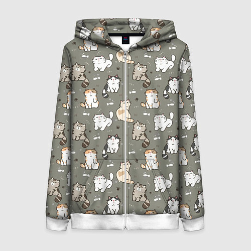 Женская толстовка на молнии Кошечки с рыбками / 3D-Белый – фото 1