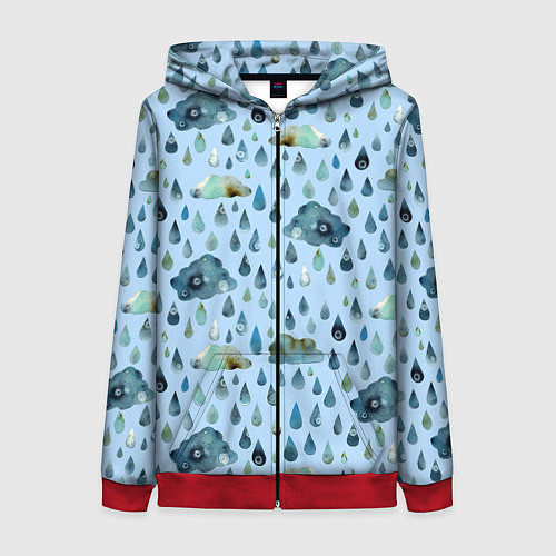 Женская толстовка на молнии Дождливая осень Тучки и дождь / 3D-Красный – фото 1