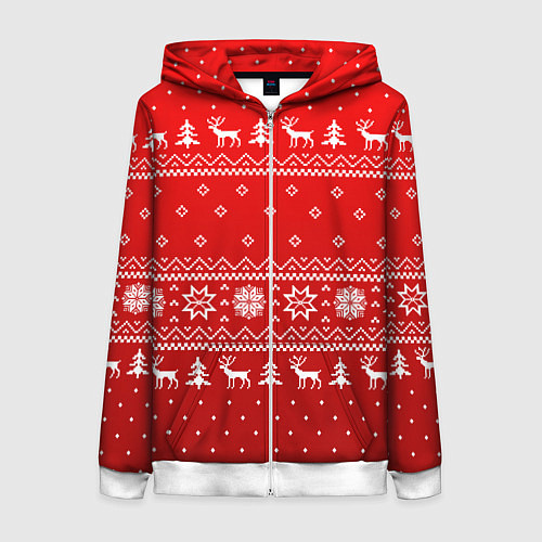 Женская толстовка на молнии Красный узор с оленями / 3D-Белый – фото 1