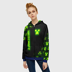 Толстовка на молнии женская MINECRAFT NEON LOGO CREEPER, цвет: 3D-синий — фото 2