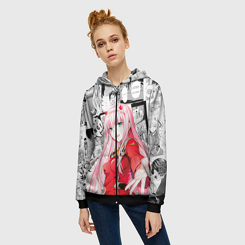 Женская толстовка на молнии Zero Two Зеро ту на манге фрейм / 3D-Черный – фото 3