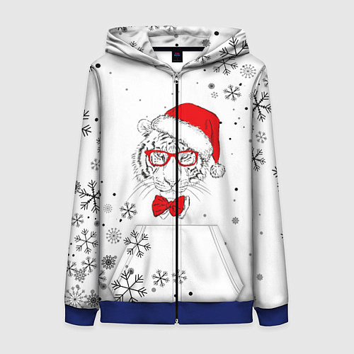 Женская толстовка на молнии Новогодний тигр летящие снежинки / 3D-Синий – фото 1