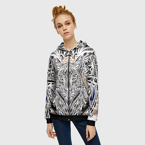 Женская толстовка на молнии БЕЛАЯ ЭТНИЧЕСКА ЛИСА WHITE FOX / 3D-Черный – фото 3
