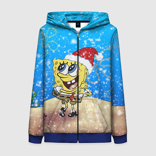 Женская толстовка на молнии НОВОГОДНИЙ ГУБКА БОБ КВАДРАТНЫЕ ШТАНЫ / 3D-Синий – фото 1