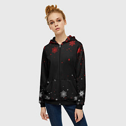 Толстовка на молнии женская КРАСНО БЕЛЫЕ СНЕЖИНКИ НА ЧЁРНОМ ФОНЕ, цвет: 3D-черный — фото 2