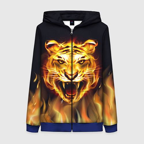 Женская толстовка на молнии Тигр В Пламени / 3D-Синий – фото 1
