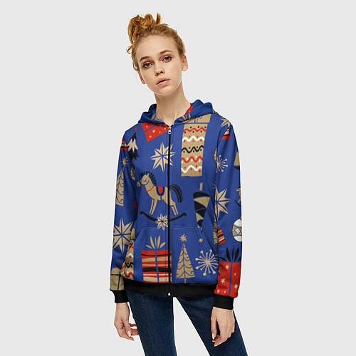 Женская толстовка на молнии Новогодний узор / 3D-Черный – фото 3