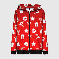 Толстовка на молнии женская Новогодний узор красный градиент, цвет: 3D-черный