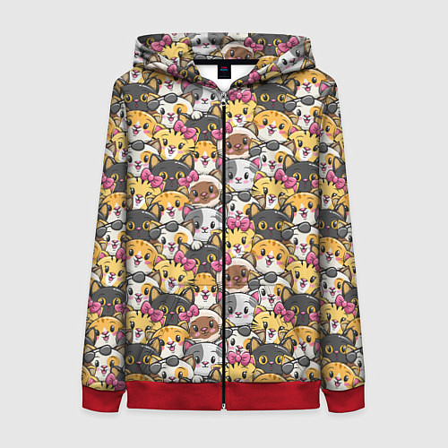 Женская толстовка на молнии Котики Много котиков! / 3D-Красный – фото 1