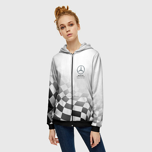 Женская толстовка на молнии MERCEDES, МЕРСЕДЕС СПОРТ, ФИНИШНЫЙ ФЛАГ, ФОРМУЛА 1 / 3D-Черный – фото 3