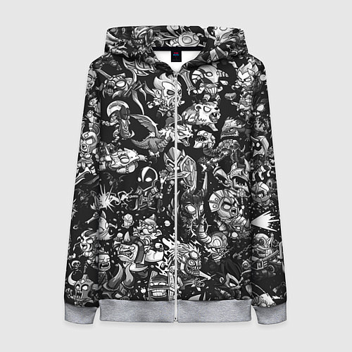 Женская толстовка на молнии DOTA 2 ВСЕ ПЕРСОНАЖИ ЧЁРНО БЕЛЫЙ / 3D-Меланж – фото 1