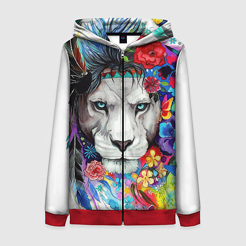 Женская толстовка на молнии Лев - сильный взгляд / 3D-Красный – фото 1