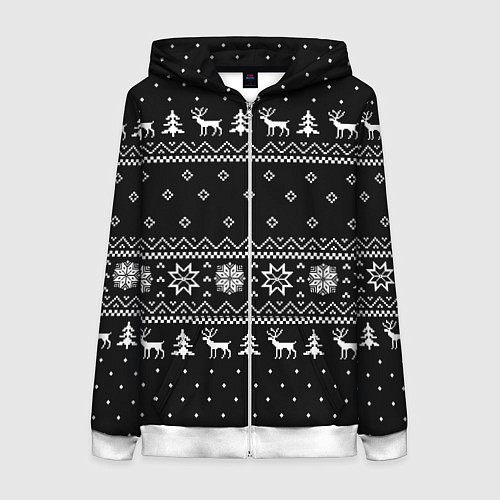 Женская толстовка на молнии ЧЁРНЫЙ НОВОГОДНИЙ СВИТЕР С ОЛЕНЯМИ 2022 / 3D-Белый – фото 1
