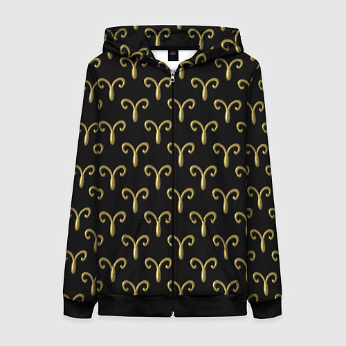 Женская толстовка на молнии Золотой овен на черном фоне Паттерн / 3D-Черный – фото 1