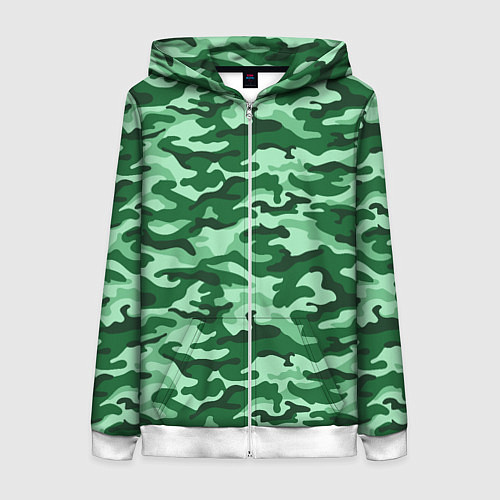 Женская толстовка на молнии Зеленый монохромный камуфляж / 3D-Белый – фото 1