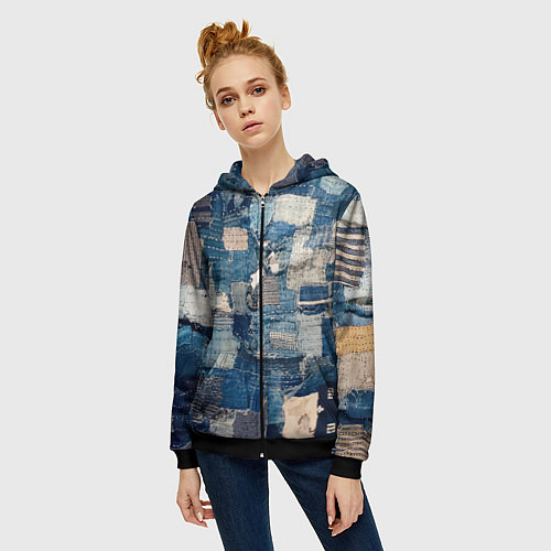 Женская толстовка на молнии Patchwork Jeans Осень Зима 2023 / 3D-Черный – фото 3