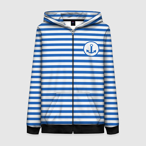 Женская толстовка на молнии Морская тельняшка - бело-синие полосы и якорь / 3D-Черный – фото 1