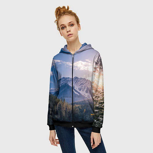 Женская толстовка на молнии Горы Лес Солнце / 3D-Черный – фото 3
