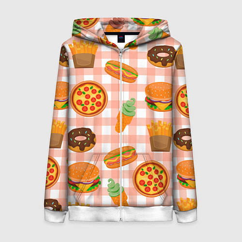 Женская толстовка на молнии PIZZA DONUT BURGER FRIES ICE CREAM pattern / 3D-Белый – фото 1