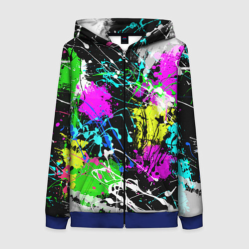 Женская толстовка на молнии Разноцветные пятна краски на черном фоне / 3D-Синий – фото 1