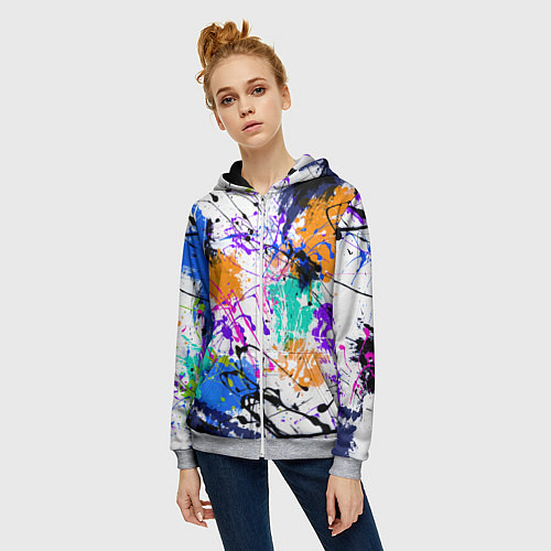 Женская толстовка на молнии Брызги и мазки разноцветных красок на белом фоне / 3D-Меланж – фото 3