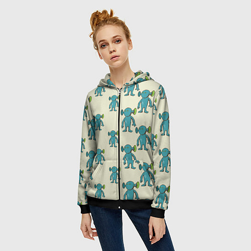 Женская толстовка на молнии Милые зеленые человечки / 3D-Черный – фото 3
