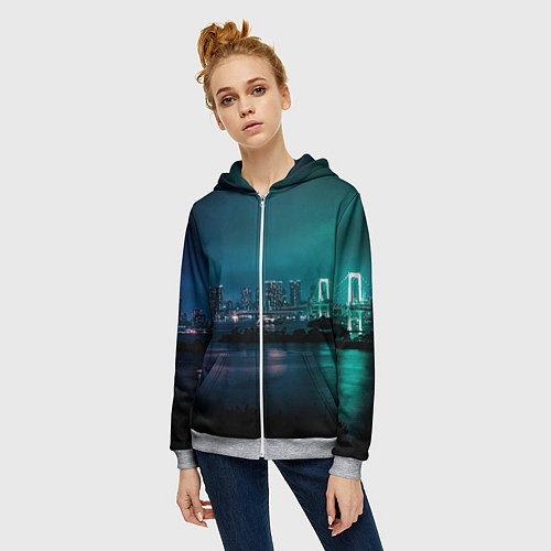 Женская толстовка на молнии Неоновый город с рекой - Светло-зелёный / 3D-Меланж – фото 3
