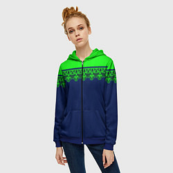 Толстовка на молнии женская Green Lace Зеленое кружево на темном синем фоне, цвет: 3D-синий — фото 2