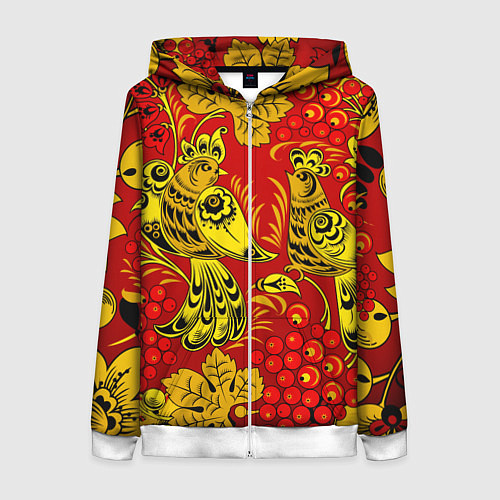 Женская толстовка на молнии Хохломская Роспись Две Птици На Красном Фоне / 3D-Белый – фото 1