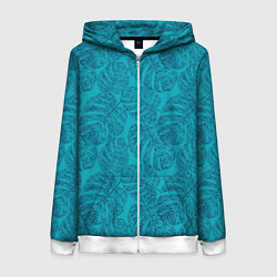 Женская толстовка на молнии Синие листья монстеры на голубом