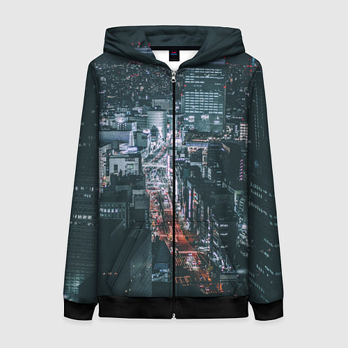 Женская толстовка на молнии Ночные улицы города с высоты - Белый / 3D-Черный – фото 1
