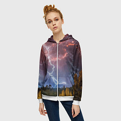Толстовка на молнии женская Грозовые разряды молний над лесом, цвет: 3D-белый — фото 2