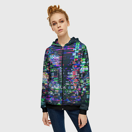Женская толстовка на молнии Ночной город - glitch / 3D-Черный – фото 3