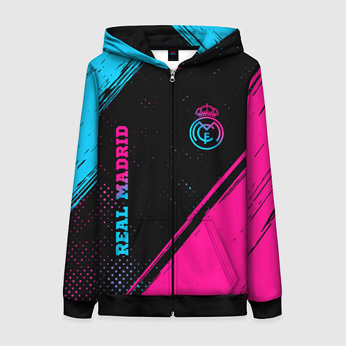 Женская толстовка на молнии Real Madrid - neon gradient: символ и надпись верт / 3D-Черный – фото 1