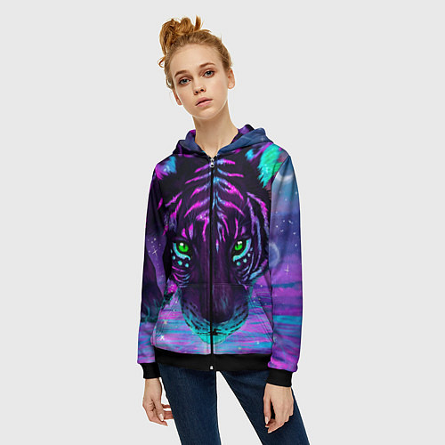 Женская толстовка на молнии Светящийся неоновый тигр / 3D-Черный – фото 3