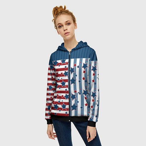 Женская толстовка на молнии Blue stars on a striped pattern / 3D-Черный – фото 3