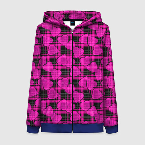 Женская толстовка на молнии Black and pink hearts pattern on checkered / 3D-Синий – фото 1