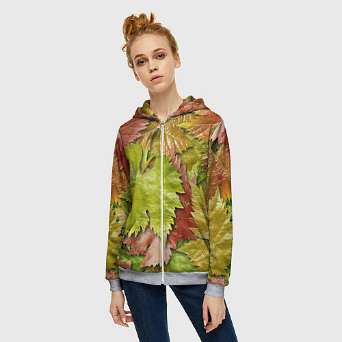 Женская толстовка на молнии Осенние листья клёна - паттерн / 3D-Меланж – фото 3