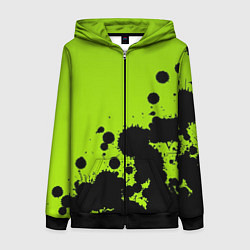 Толстовка на молнии женская Чёрные кляксы на зелёном фоне, цвет: 3D-черный