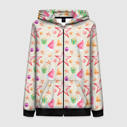 Женская толстовка на молнии Новогодние звезды и шарики / 3D-Черный – фото 1