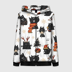 Толстовка на молнии женская Черные котики новогодний узор, цвет: 3D-черный