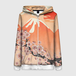 Толстовка на молнии женская Ветка цветущей сакуры и вулкан, цвет: 3D-белый