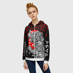Толстовка на молнии женская Самурай и сакура на черном фоне, цвет: 3D-белый — фото 2