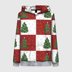 Женская толстовка на молнии Красно-белые квадраты с новогодними елочками